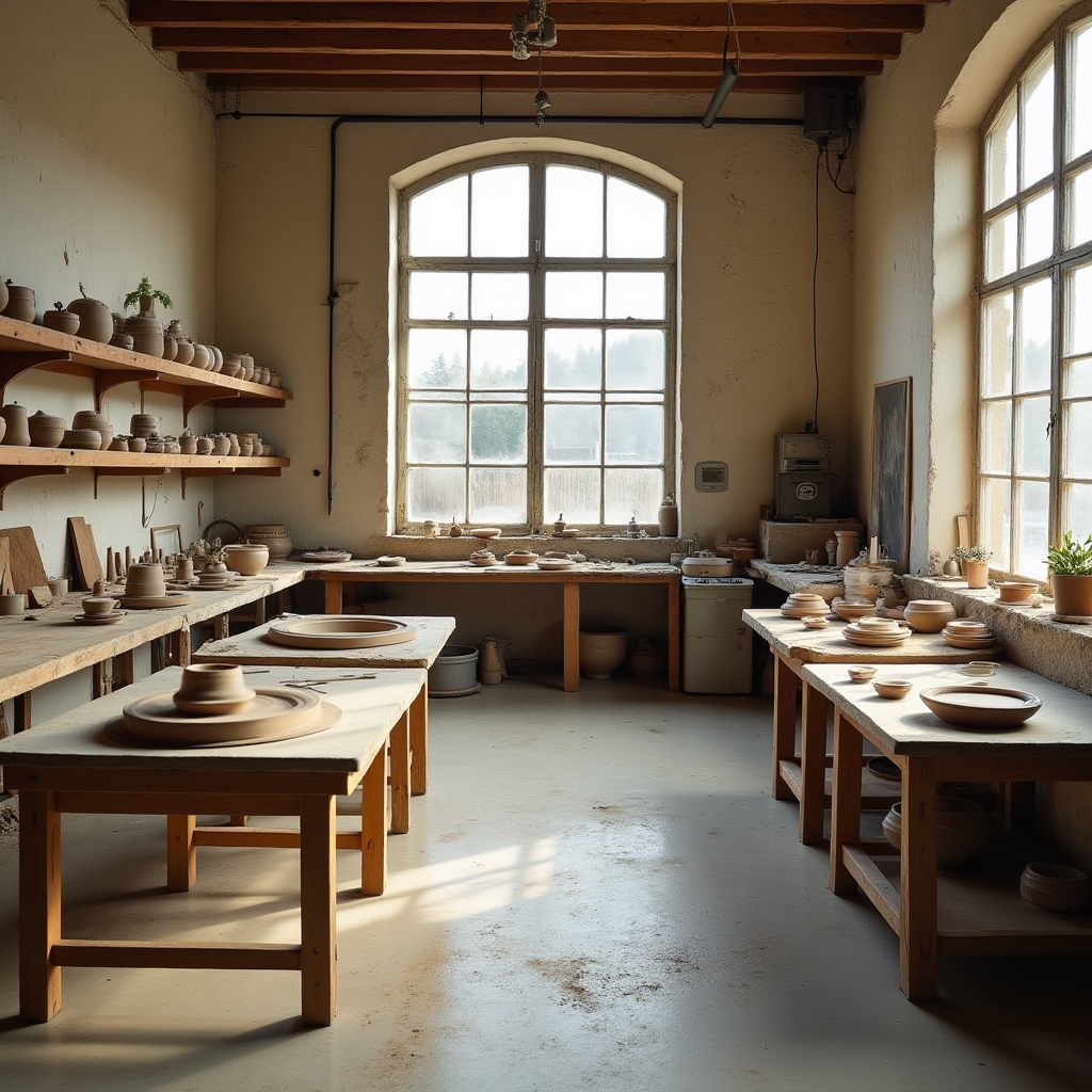 Innenansicht des Sunset Shore Ateliers mit Werkbank und Töpferscheiben