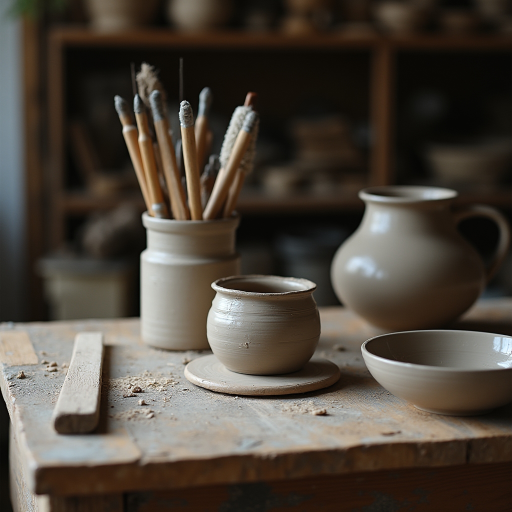 Arbeitsplatz im Atelier mit Töpferwerkzeugen und frisch geformten Stücken