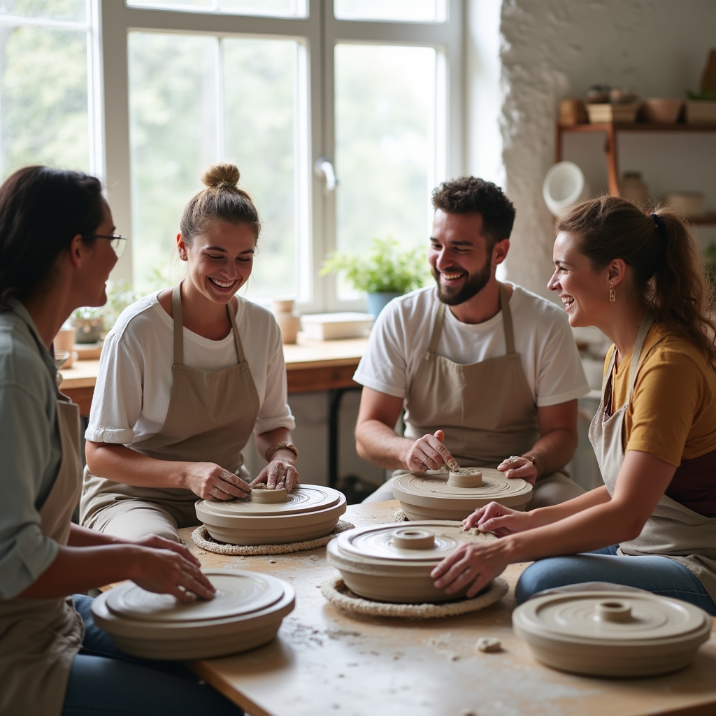 Kleine Gruppe beim gemeinsamen Töpfern im Sunset Shore Atelier